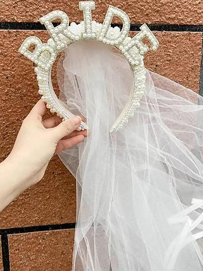 'BRIDE' with Headband Veil – Pearl-Embellished