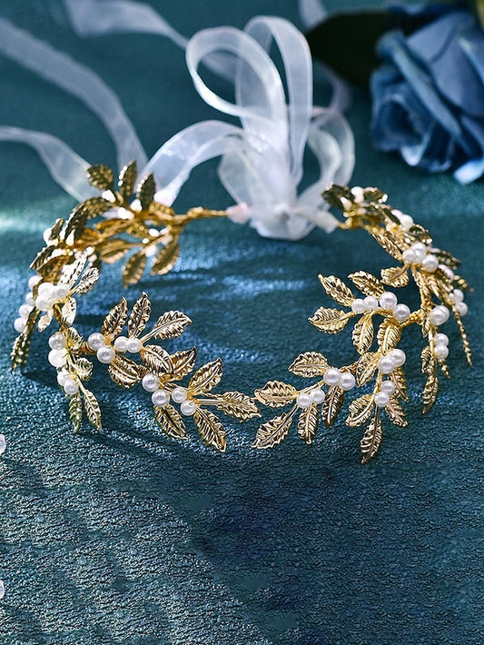 Elegant Pearl Accents Gold with Bridal Leaf – Belt