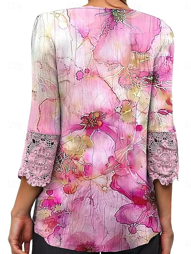 Women's Elegant Lace Tops Eyelet Blouse Casual Ombre Floral