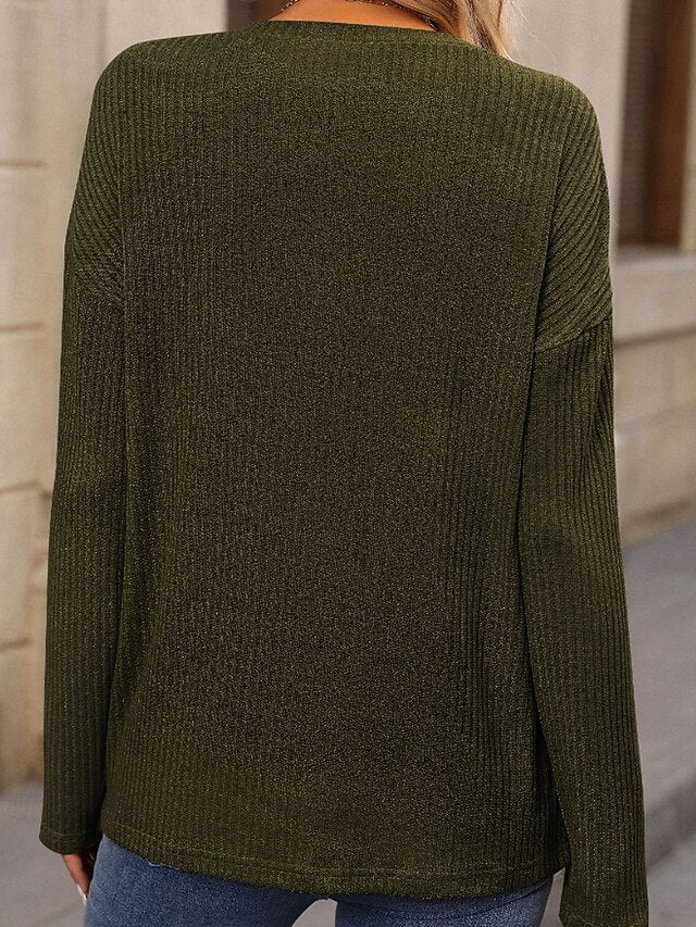 Women's T Shirt Buttons Plain Casual Long Sleeve Crew Neck