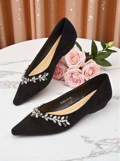 Rhinestone Women's Toe Pointed Flats Black with Suede