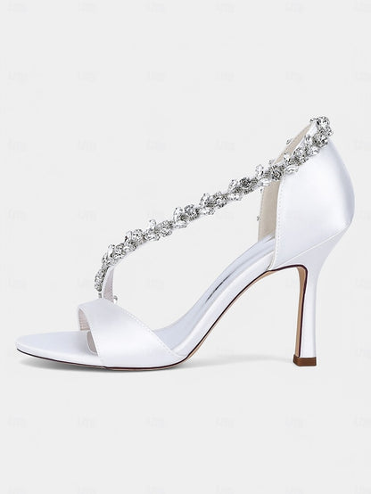 Champagne Crystal Satin High T-Strap Women's Heels with –
