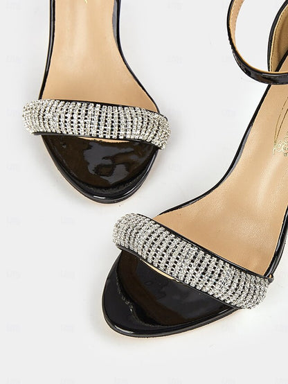 Leather Sandals Heel Black with High Rhinestone Patent