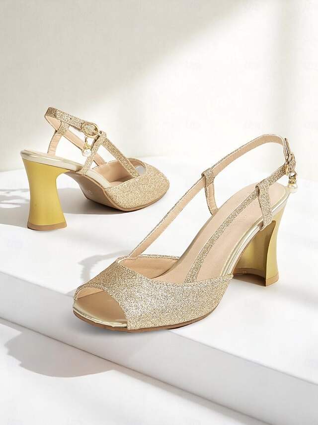 Sparkly Glitter Slingback Heels - Gold Women's Open-Toe