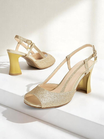 Sparkly Glitter Slingback Heels - Gold Women's Open-Toe
