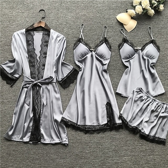 Women's Lace Satin Silk Pajamas Sets 4 Pcs Home Party Daily