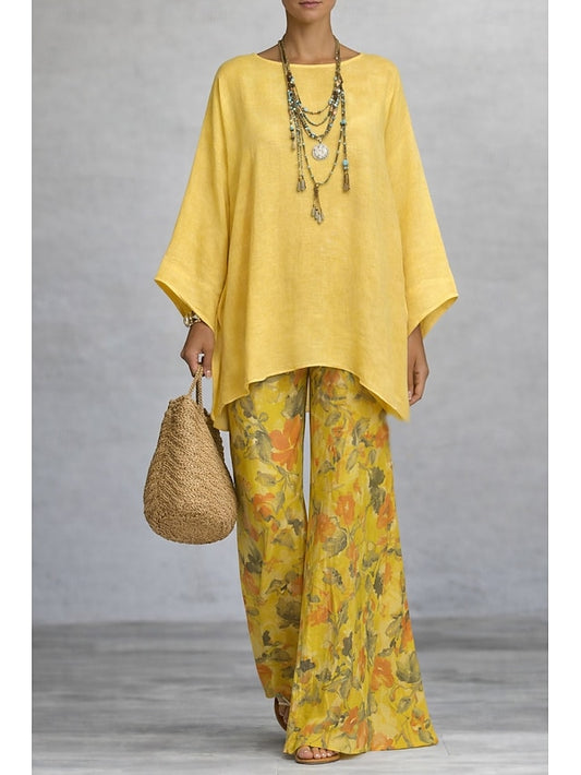 Women's Pants Sets Long Sleeve Round Neck Floral Graphic
