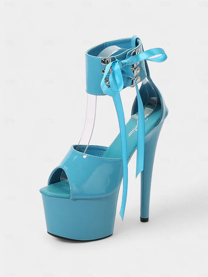 Straps Black Patent Leather Lace-Up Sandals Ankle Platform with