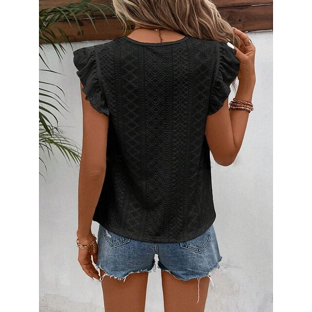 Women's T Shirt Tee Top Ruffle Eyelet Plain Fashion Stylish