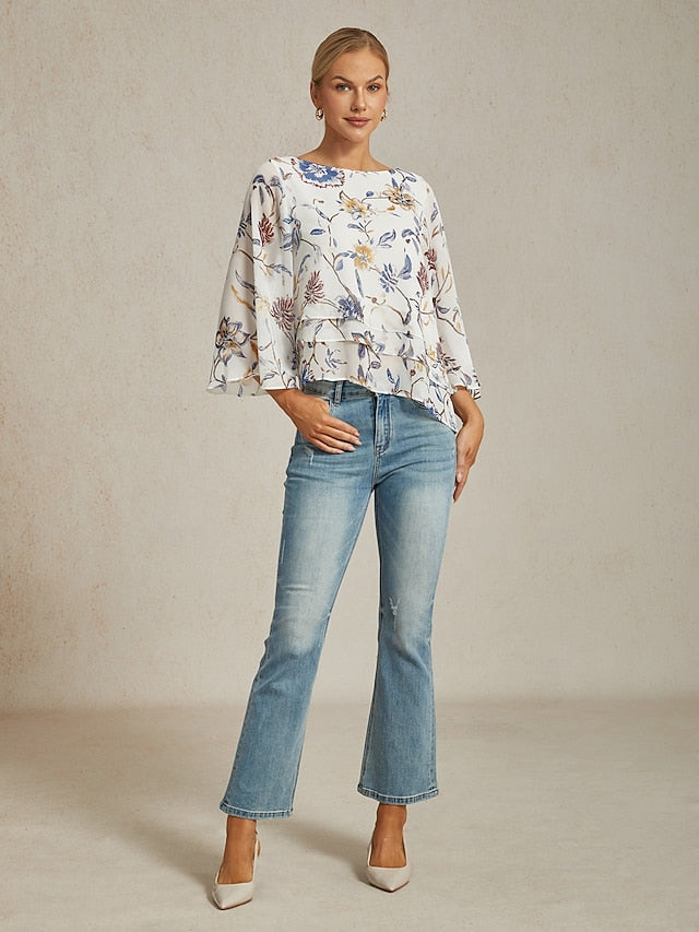 Women's Blouse Floral Print Layered Bell Sleeves Loose Fit