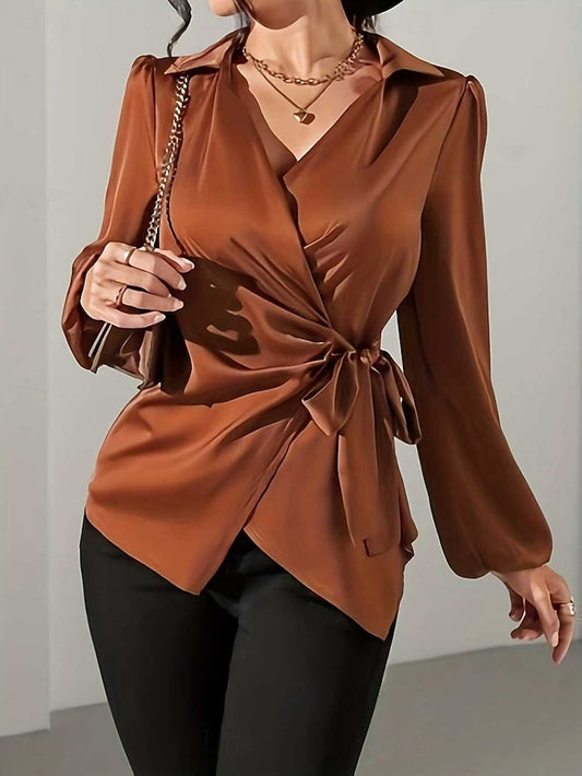 Women's Shirt Blouse Tie Front Solid Color Vintage Stylish