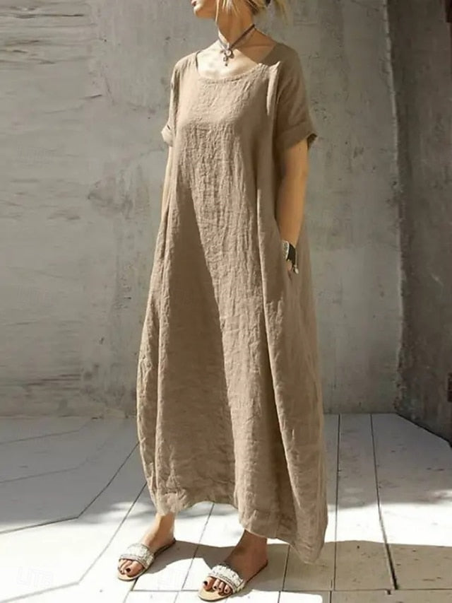 Women's Maxi Dress Faux Cotton Linen Casual Dress Basic