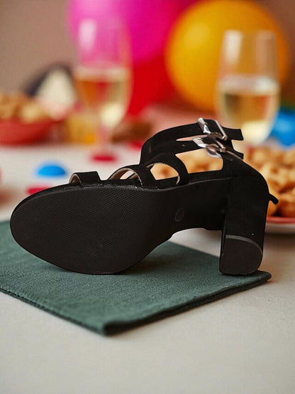 Suede Black Block Sandals Women's - Open Strappy Toe Heel