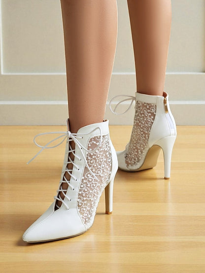 Women's Ankle White Booties Lace with Mesh Stiletto Heels