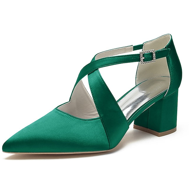 Satin Elegant Toe – White Women's Heels Block Pointed