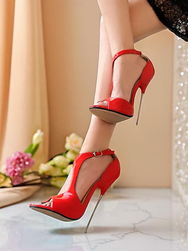 Red Open Heels Women's - Strappy Patent Stiletto Leather