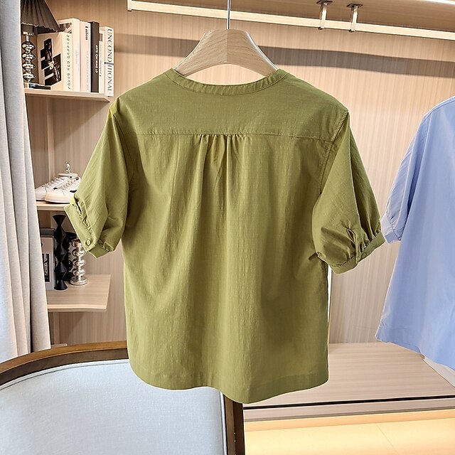 Women's Cotton Linen Shirts Blouse Ruched Patchwork Plain