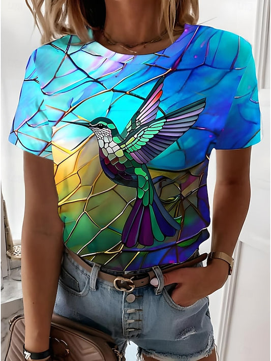 Women's T shirt Round Neck Stained Glass Hummingbird Print
