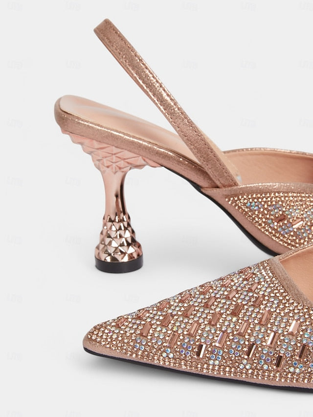 Slingback Heels with Gold Geometric Women's Rhinestone Rose