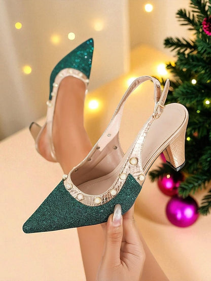 Slingback Gold High Strap Women's with Glitter Green Heels