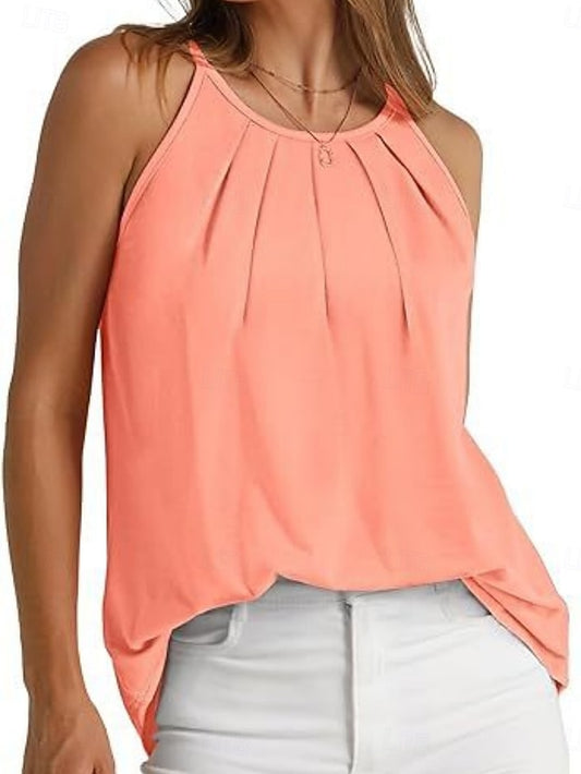 Women's Tank Top Sleeveless Shirt Tee Top Pleats Solid