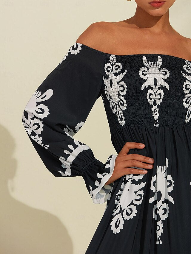 Geometric Print Off Shoulder Midi Satin Dress