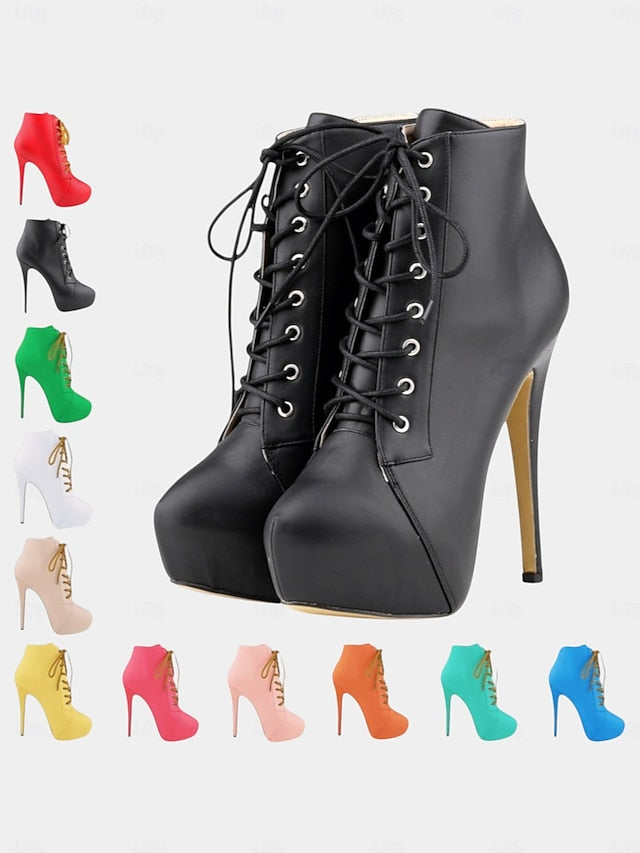 Boots Beige Platform Women's - Lace-Up Ankle Leather Faux