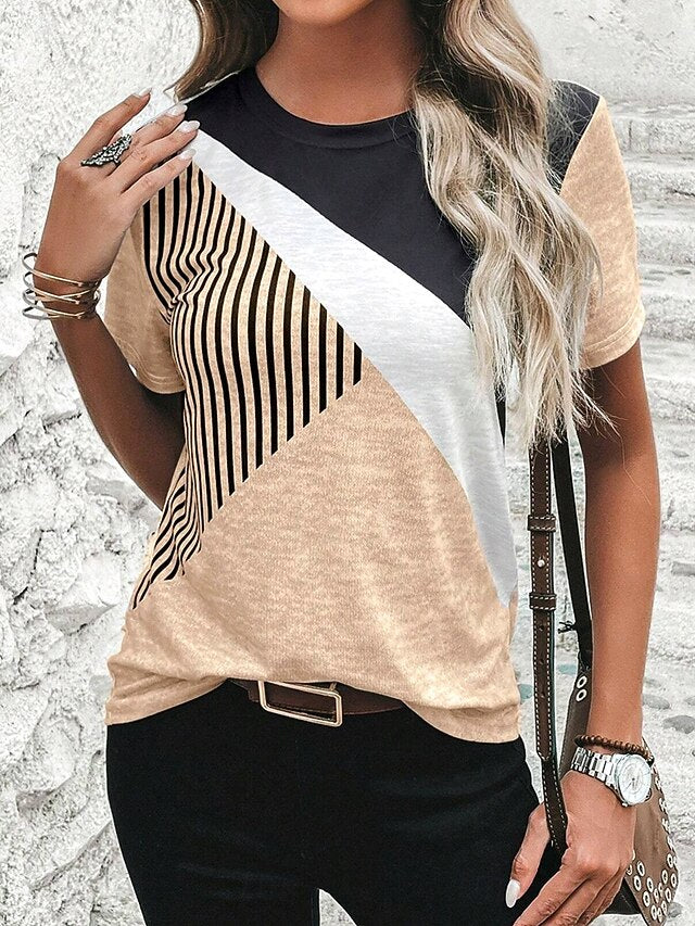 Women's T Shirt Casual Color Block Print Short Sleeve