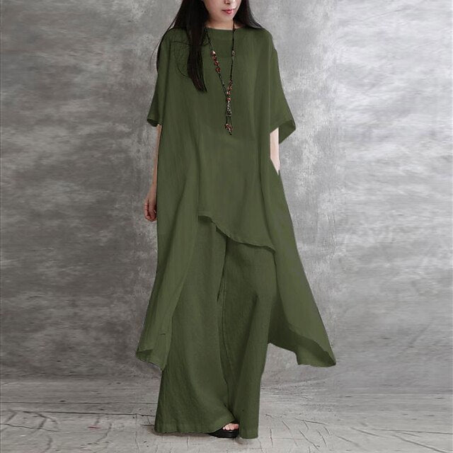 Women's Shirt Pants Sets Long Cotton Top Wide Leg Pants