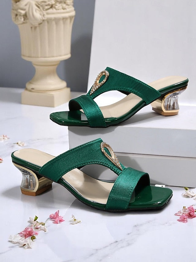 Women's Slide Green Satin Sandals with Rhinestone
