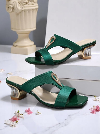 with Sandals Slide Women's Satin Rhinestone Green