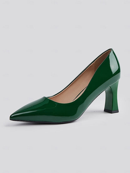 Green Leather Glossy Pumps Patent Heel Faux Block Pointed-Toe