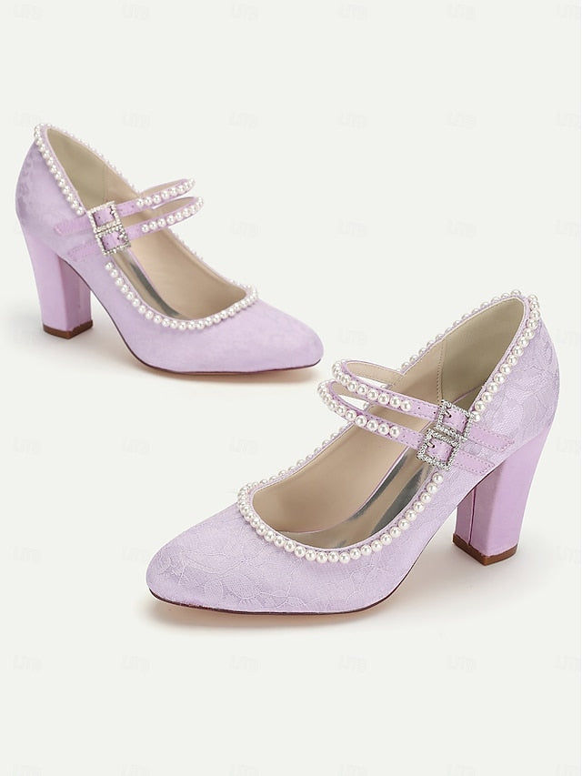 Heels Mary Jane Purple Pearl Lace - Women's Embellished