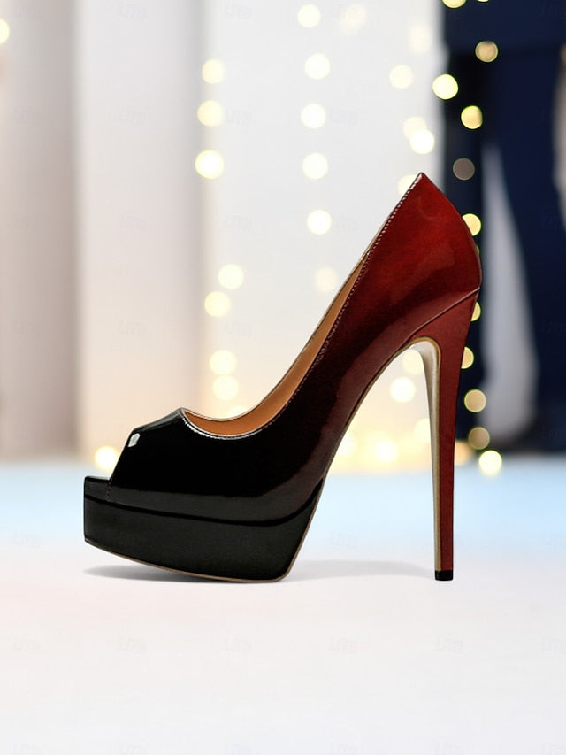 High Patent Black Women's Heels Toe Leather Platform Peep