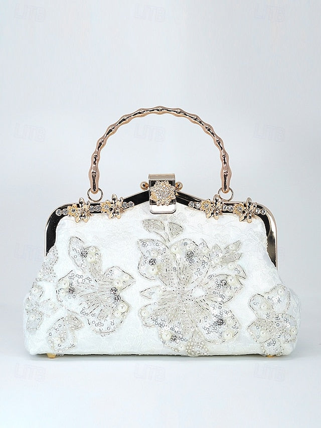 White Pearl Elegant Floral Lace with Handbag and Evening