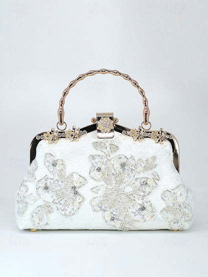 White Pearl Elegant Floral Lace with Handbag and Evening