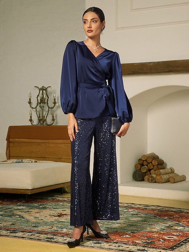 Satin Solid Casual Juliet Sleeve Tie Front Blouse