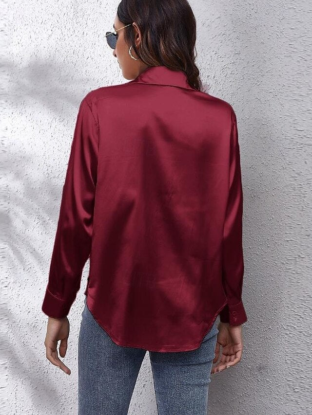Women's Shirt Elegant Dressy Satin Top Buttons Solid Color