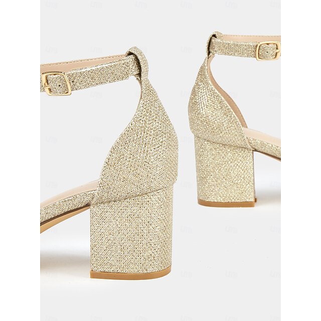 Gold Glitter Block Stylish Ankle Women's Heel Sandals with