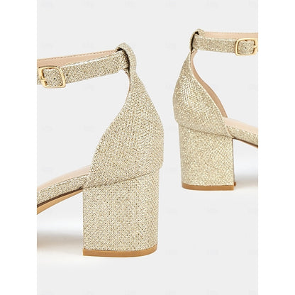 Gold Ankle Heel Sandals with Women's Block Stylish Glitter