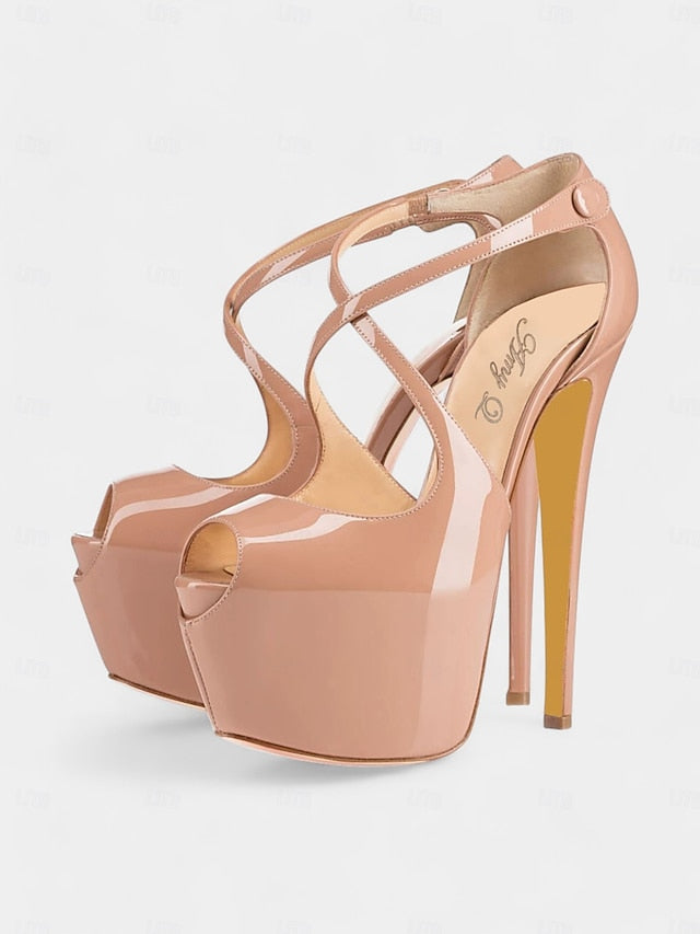 Red Leather Black Patent Heels Cross and Platform Stiletto with