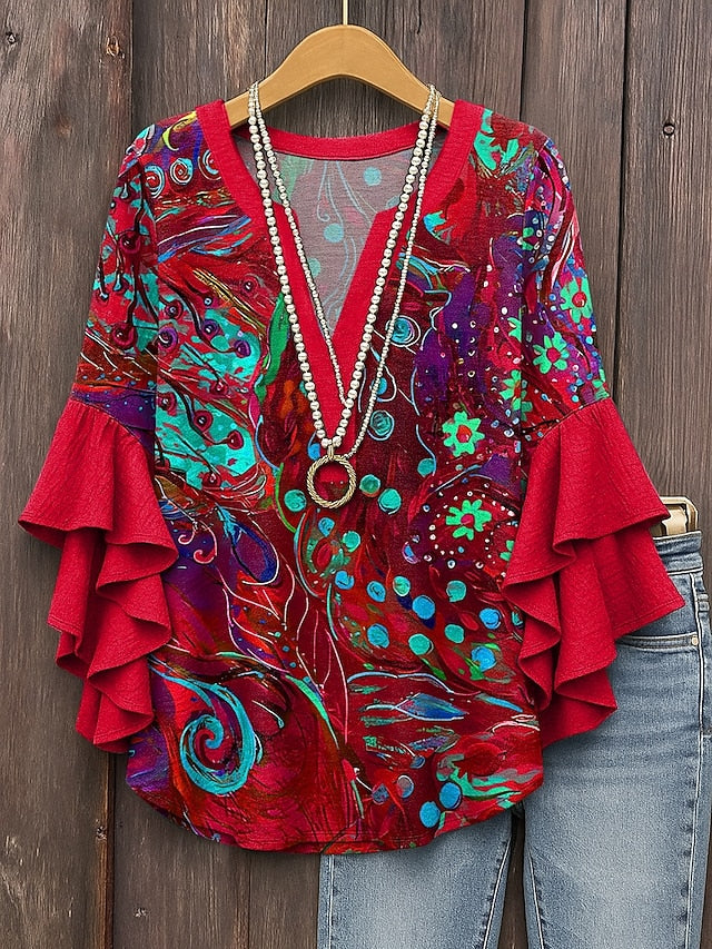 Women's Blouse V Neck Layered Ruffle Sleeve Tops Graphic