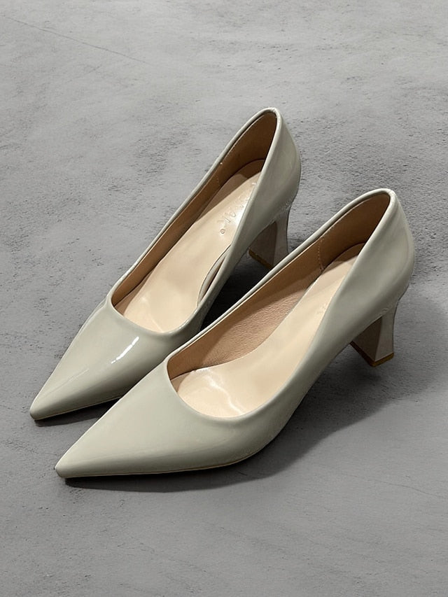 Green Leather Glossy Pumps Patent Heel Faux Block Pointed-Toe