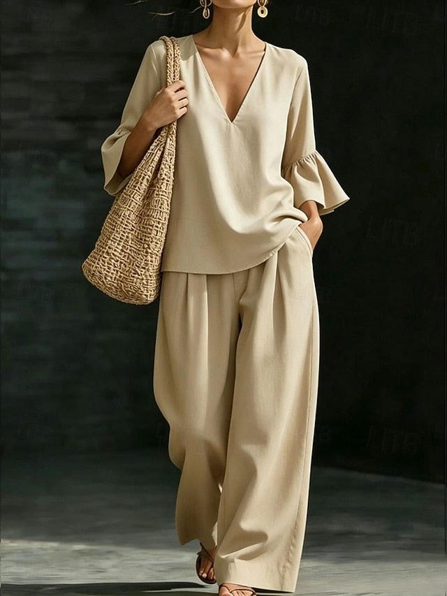 Women's Pants Sets Half Sleeve V Neck Solid Color Fashion