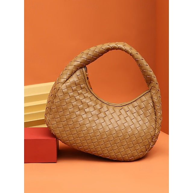 – Leather Round Woven Chic Women's Elegant Ivory Hobo Bag