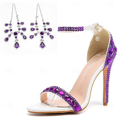 Ankle Heels Stiletto Matching Women's with Rhinestone Green