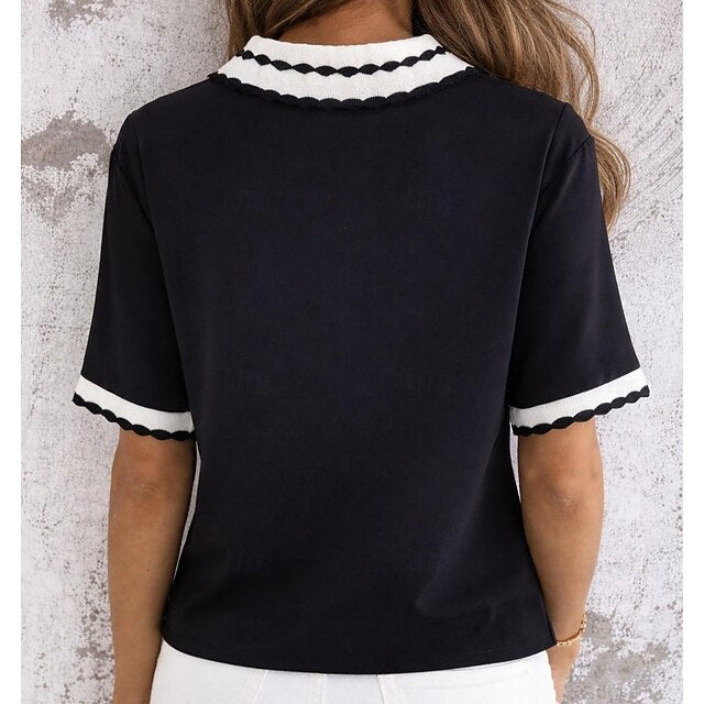 Women's T Shirt Tee Wavy Edge Contrasting Colors Elegant