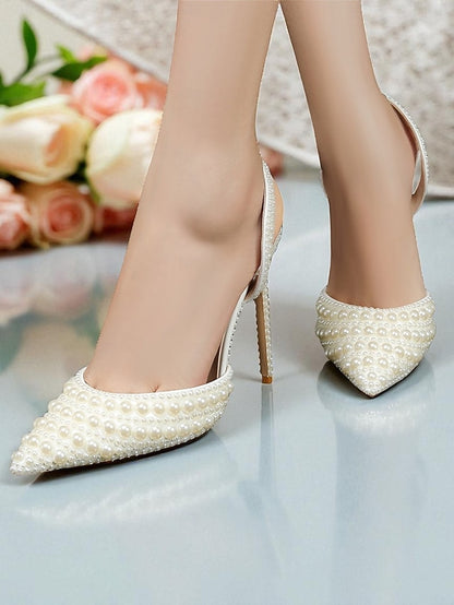 Women's White Leather Heels Slingback Pearl-Embellished -
