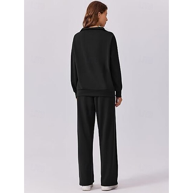 Women's Pants Sets Long Sleeve V Neck Solid Color