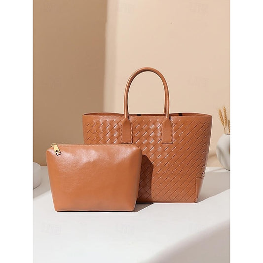 Woven Leather and – Brown Tote Women's Stylish Bag